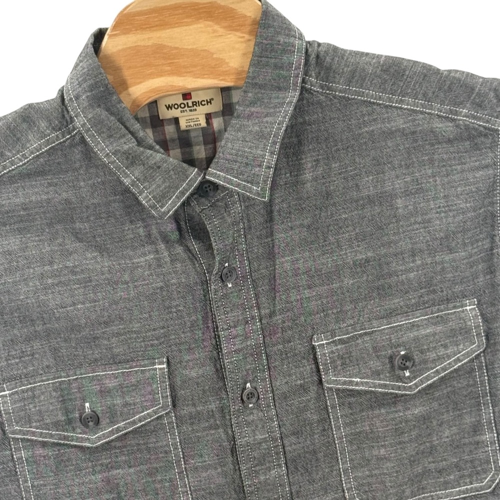 Woolrich Gray Chambray Shirt Short Sleeve Button Up Casual Western Cowboy XXL